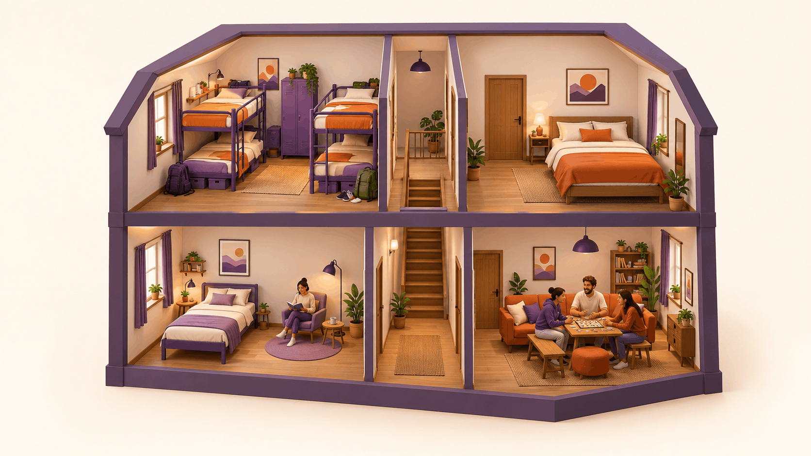 Illustrated hostel with a shared dorm, private room, quiet reading space and social lounge