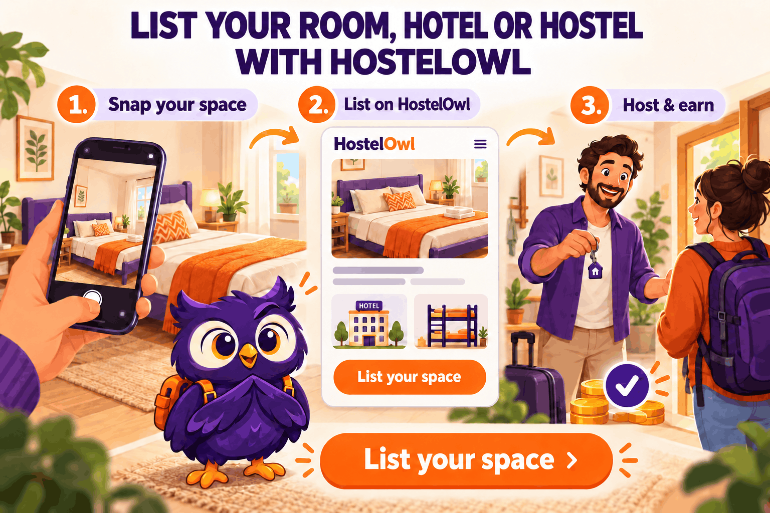 Ollie explains hosting: photograph your space, list on HostelOwl, then welcome guests and earn.
